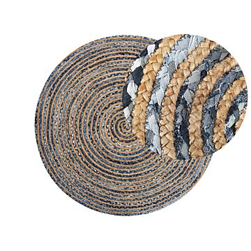 Area Rug Blue With Beige Recycled Cotton Jute Round 140 Cm Boho Handcrafted Living Room Bedroom Beliani