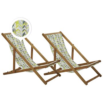 Set Of 2 Garden Deck Chairs Light Acacia Wood Frame Yellow And Grey Replacement Fabric Hammock Seat Reclining Folding Sun Lounger Beliani