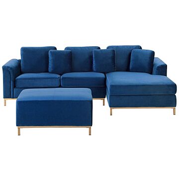 Corner Sofa Blue Velvet Upholstered With Ottoman L-shaped Left Hand Orientation Beliani
