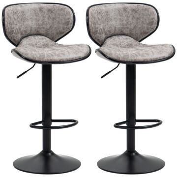 Homcom Bar Stool Set Of 2 Microfiber Cloth Adjustable Height Armless Chairs With Swivel Seat, Grey
