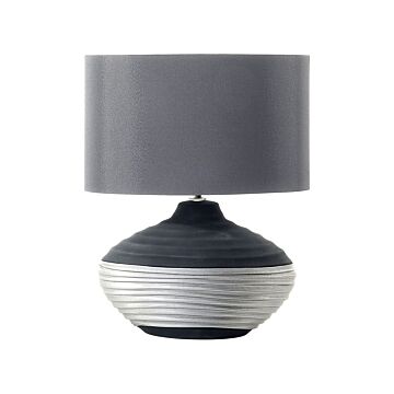 Table Lamp Grey Ceramic Base Faux Silk Drum Shade Bedside Table Lamp Beliani