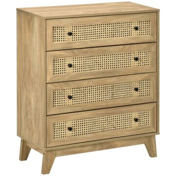 Homcom Storage Cabinet, 4-drawer Unit With Rattan Element For Bedroom, Living Room, 80cmx35cmx95cm, Wood Effect