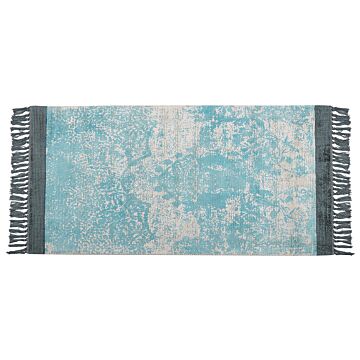 Area Rug Blue And Beige Viscose With Cotton Backing With Fringes 80 X 150 Cm Style Vintage Distressed Pattern Beliani