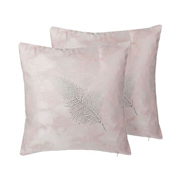 Set Of 2 Decorative Cushions Pink Feather Applique 45 X 45 Cm Delicate Motif Glam Decor Accessories Beliani