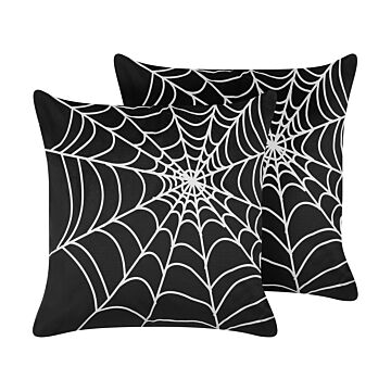 Set Of 2 Decorative Cushions Black Velvet 45 X 45 Cm Spider Web Pattern Square Modern Halloween Autumn Decor Accessories Beliani