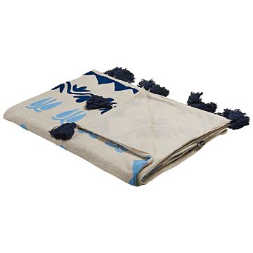 Blanket Beige And Blue Cotton 130 X 180 Cm Handmade Embrioidery Bed Throw Cosy Floral Pattern With Tassels Beliani