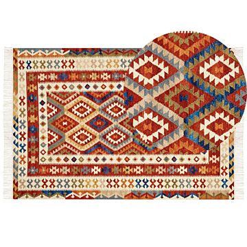 Kilim Area Rug Multicolour Wool 160 X 230 Cm Hand Woven Flat Weave Geometrical Pattern With Tassels Traditional Living Room Bedroom Beliani