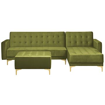 Corner Sofa Bed Green Velvet Tufted Fabric Modern L-shaped Modular 4 Seater With Ottoman Left Hand Chaise Longue Beliani