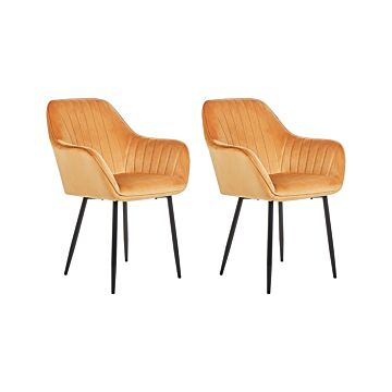 Set Of 2 Dining Chairs Orange Velvet Armrests Black Metal Legs Retro Glam Beliani
