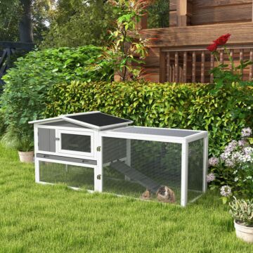 Pawhut Rabbit Hutch And Run Outdoor Bunny Cage Wooden Guinea Pig Hide House With Sliding Tray, Hay Rack, Ramp, 156 X 58 X 68cm, Grey
