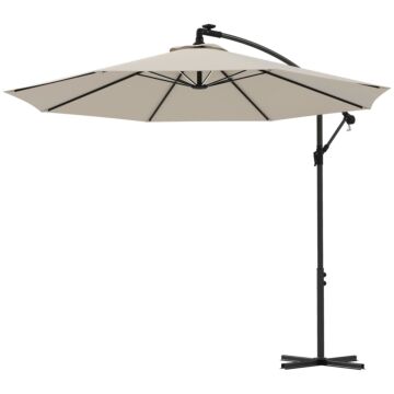 Outsunny 3(m) Cantilever Parasol With Solar Led Lights, Garden Umbrella With Cross Base And Crank Handle, Hanging Offset Banana Sun Shade For Outdoor, Patio, Beige