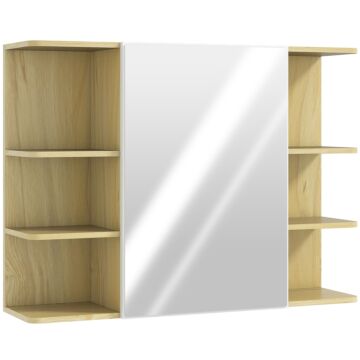 Homcom Bathroom Mirror Cabinet With Open Storage Shelves - Natural Wood Finish