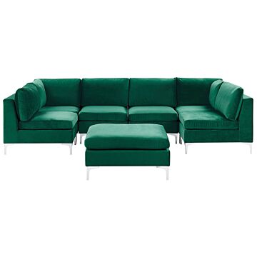 Modular Sofa Green Velvet U Shape 6 Seater With Ottoman Silver Metal Legs Glamour Style Beliani