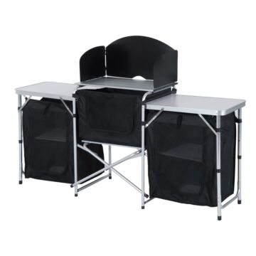 Outsunny Folding Camping Kitchen Cooking Table With Windscreen, Enclosed Cupboards, Aluminium Frame For Bbq, Party, Picnic