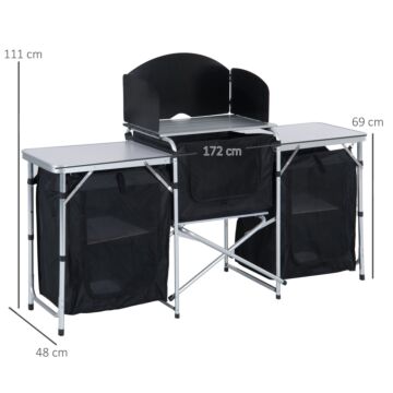 Outsunny Folding Camping Kitchen Cooking Table With Windscreen, Enclosed Cupboards, Aluminium Frame For Bbq, Picnic