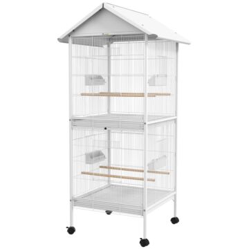 Pawhut Budgie Cage With Rolling Stand, Perches, Wheels, Large Parrot Cage For Finch, Canary, Budgie, Cockatiel, White