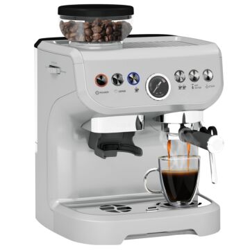 Homcom 15 Bar Coffee Machine, With Adjustable Grind, Steamer And Accessories - Silver Colour