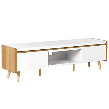 Tv Stand Light Wood And White Particle Board For Up To 66 ʺ With 2 Drawers Scandinavian Style Beliani