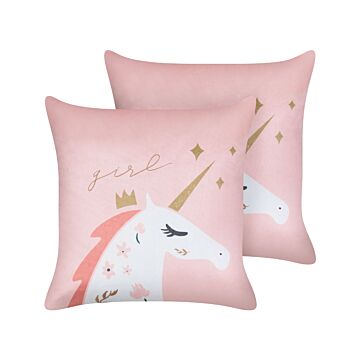 Set Of 2 Kids Cushions Pink Velvet Fabric 45 X 45 Cm Unicorn Motif Removable Covers Living Room Bedroom Beliani