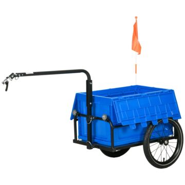 Homcom Steel Trailer For Bike, Bicycle Cargo Trailer With 65l Foldable Storage Box And Safe Reflectors, Max Load 40kg, Blue