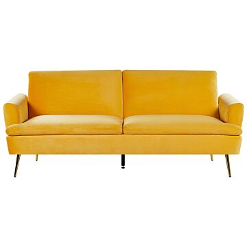 Velvet Sofa Bed Yellow 3 Seater Click Clack Golden Metal Legs