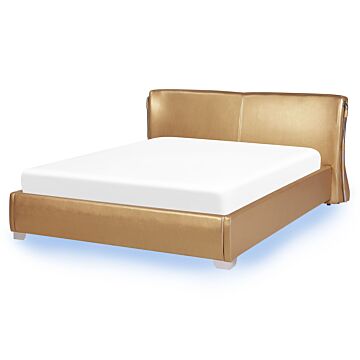 Eu King Size Panel Bed 5ft3 Gold Leather With Led Slatted Frame Contemporary Beliani