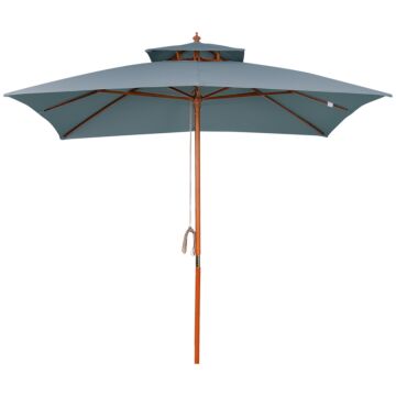 Outsunny 3x3(m) Wood Square Patio Umbrella Garden Market Parasol Sunshade Canopy With 2 Pulley Pagoda Style Dark Grey