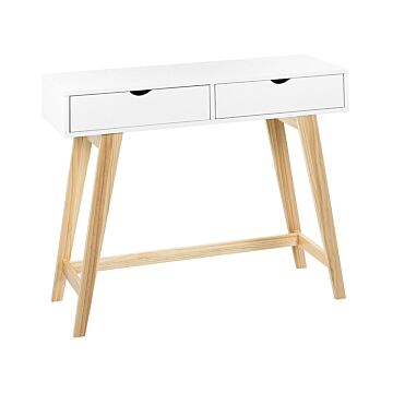 Console Table White With Light Wood Mdf Wooden Legs 101 X 36 X 78 Cm 2 Drawers Hallway Living Room Furniture Scandinavian Style Beliani