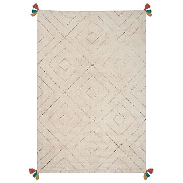 Area Rug Beige Cotton Shaggy 200 X 300 Cm Multicolour Geometric Pattern Beliani