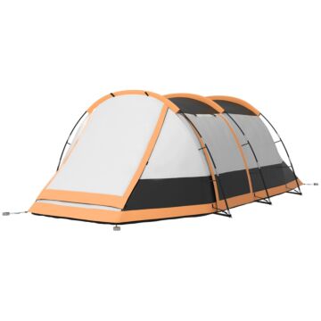 Outsunny 3-4 Man Camping Tent, Family Tunnel Tent, 2000mm Waterproof, Portable With Bag, Orange