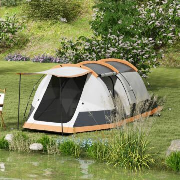 Outsunny 3-4 Man Camping Tent, Family Tunnel Tent, 2000mm Waterproof, Portable With Bag, Orange