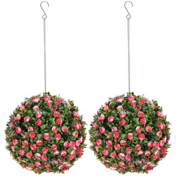 Homcom Set Of 2 Decorative Artificial Plants, Uv-protected Artificial Plant Topiary Rose Balls, Fake Plants For Home Indoor Outdoor Decor, 28cm, Pink