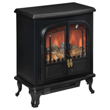 Homcom Electric Fireplace Stove Heater With Led Fire Flame Effect, Double Door, Freestanding & Portable With Overheat Protection, 1000w/2000w, Black