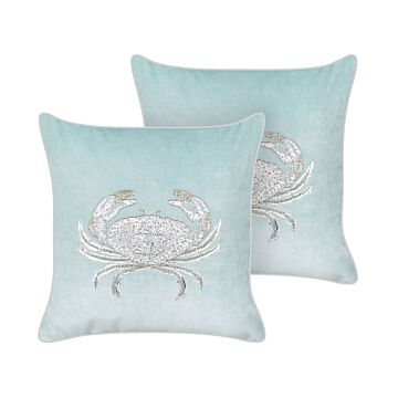 Set Of 2 Scatter Cushions Blue Velvet 45 X 45 Cm Marine Crab Motif Square Polyester Filling Home Accessories Beliani