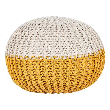 Pouf Ottoman Yellow Beige Knitted Cotton Eps Beads Filling Round Small Footstool 50 X 35 Cm Beliani