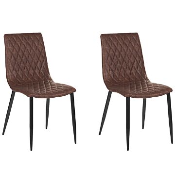 Set Of 2 Dining Chairs Brown Faux Leather Upholstered Quilted Backrest Black Legs Armless Vintage Design Beliani