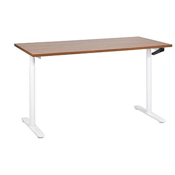 Manually Adjustable Desk Dark Wood Tabletop White Steel Frame 160 X 72 Cm Sit And Stand Round Feet Modern Design Office Beliani
