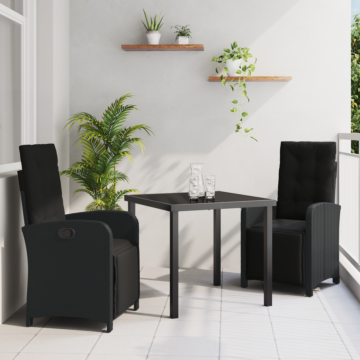 Vidaxl 3 Piece Garden Dining Set With Cushions Black Poly Rattan, Vidaxl Garden Table Black 80x80x73 Cm Tempered Glass