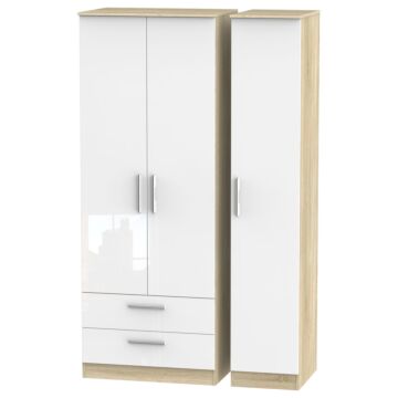 Contrast Tall Triple 2 Drawer Wardrobe In White & Bardolino Oak