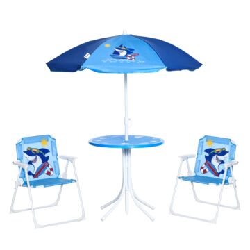Outsunny Kids Picnic & Table Chair Set, Outdoor Folding Garden Furniture W/ Shark Design, Removable, Adjustable Sun Umbrella, Ages 3-6 Years - Blue