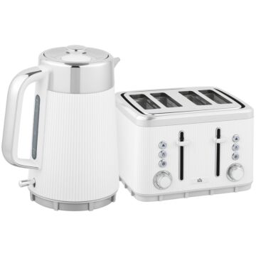 Homcom Electric Kettle And Toaster Set, 3000w 1.7l Uk Strix Thermostat Rapid Boil Jug Kettle With Limescale Filter, Cool Touch Body, 4 Slice Toaster With 7 Browning Controls, Crumb Tray, White