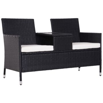 Outsunny Garden Rattan 2 Seater Companion Seat Wicker Love Seat Weave Partner Bench W/ Cushions Patio Outdoor Furniture (black)