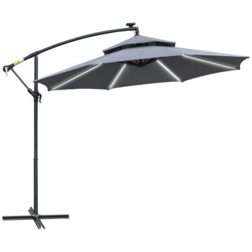 Outsunny 3(m) Cantilever Banana Parasol Hanging Umbrella With Double Roof, Led Solar Lights, Crank, 8 Sturdy Ribs And Cross Base For Outdoor, Garden