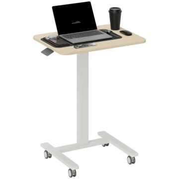 Vinsetto Movable Standing Desk, Height Adjustable Sit Stand Desk With Hand Crank, Stand Up Desk With 4 Rolling Wheels For Home Office, Natural Wood Finish