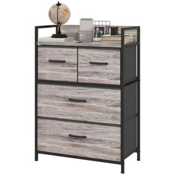 Homcom Rustic Chest Of Four Fabric Drawers - Grey Wood Effect
