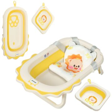 Aiyaplay Foldable Baby Bath Tub Set With Bath Cushion, Wash Basin, Non-slip Stand & Bottom, Yellow