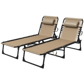 Outsunny Portable Sun Lounger Set Of 2, Folding Camping Bed Cot, Reclining Lounge Chair 5-position Adjustable Backrest With Side Pocket, Pillow For Patio Garden Beach Pool, Beige