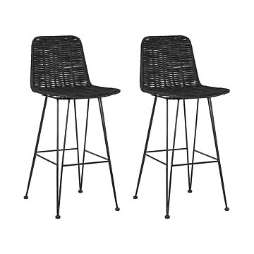 Set Of 2 Bar Chairs Black Rattan Wicker Metal Frame Rustic Indoor Boho Design Beliani