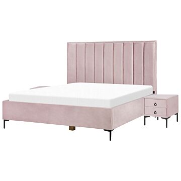 Bedroom Set Pink Velvet Eu Double Size 4ft6 Bed With Storage 2 Bedside Tables Upholstered Beliani