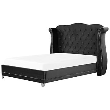 Eu Super King Size Bed Black Velvet 6ft Slatted Base Button Tufted Headboard Nailhead Trim Beliani